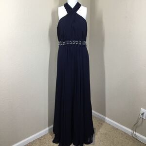 Eliza J Halter Pleated Cross Neck Gown (F15)